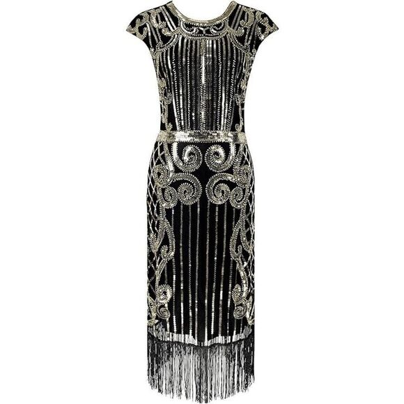 ✨ Flapper Great Gatsby Roaring 1920s Retro Tassel Fringe Sequin Dress SIZE L NEW - Picture 4 of 17